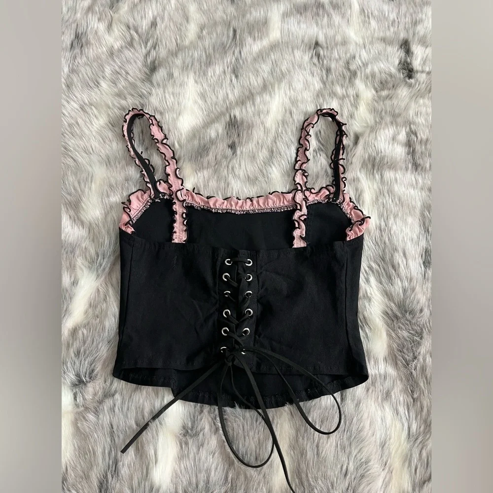 Motel rocks Idalia Corset Top Mesh Black with Pink Ruffles sz small S - Picture 5 of 8